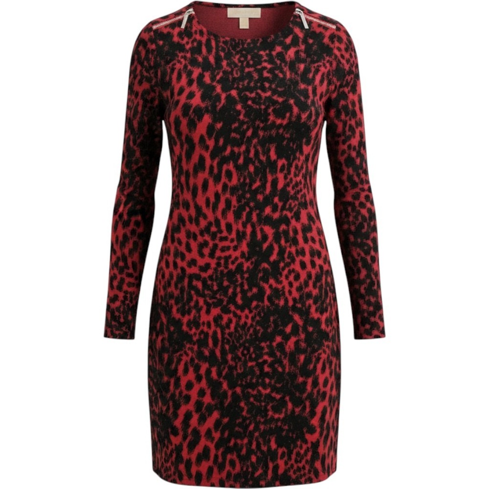 Michael Kors Dress Women Small Red Black Leopard Print Long Sleeve Zipper Sheath